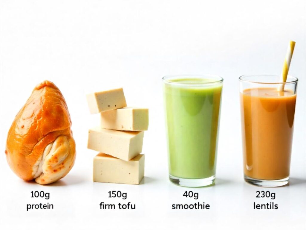 100 gm chicken protein-Side-by-side photos of 31g protein from different sources 100g cooked chicken breast vs. 150g firm tofu vs. 40g pea protein powder in a smoothie vs. 230g cooked lentils