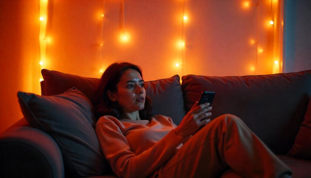 A person sitting on a couch, binge-watching TV or scrolling through social media on their phone