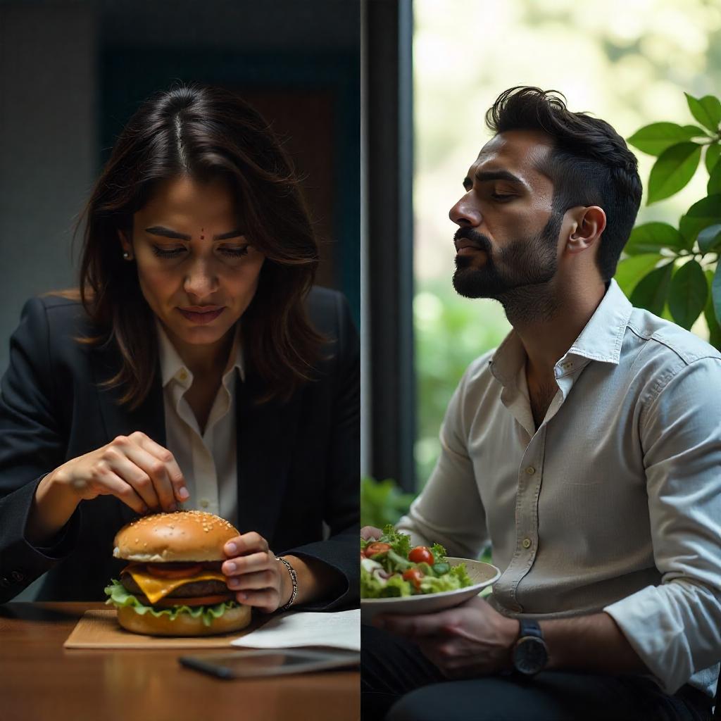 Mindset-Left side shows a stressed woman eating fast food while working on a laptop (messy, chaotic). Right side shows a relaxed person savoring a vibrant salad, eyes closed, smiling.