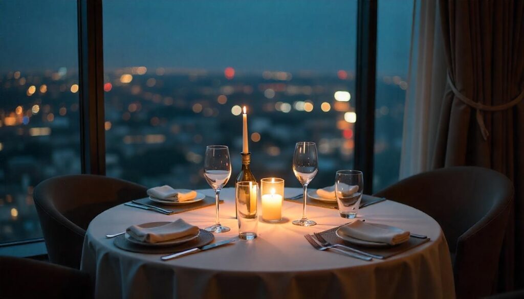 mindset-Empty dining table with placemats, lit candles, and a ‘no phones’ sign in the center. Cozy, intimate mood