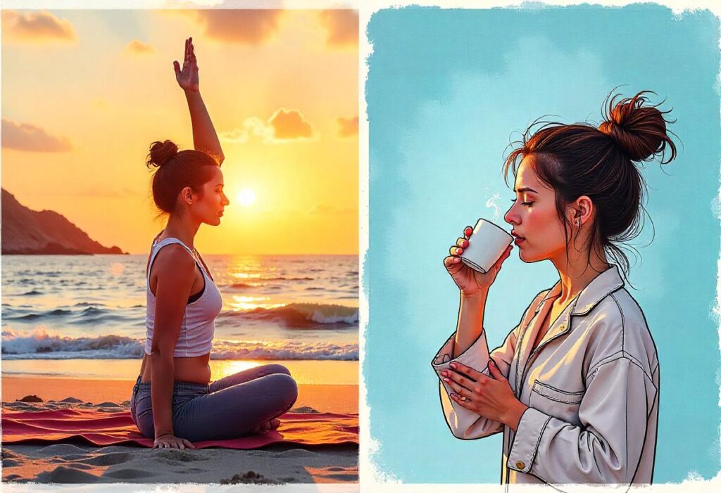 mindset-One side shows a yoga pose at sunrise; the other shows a person chugging coffee in pajamas with bedhead