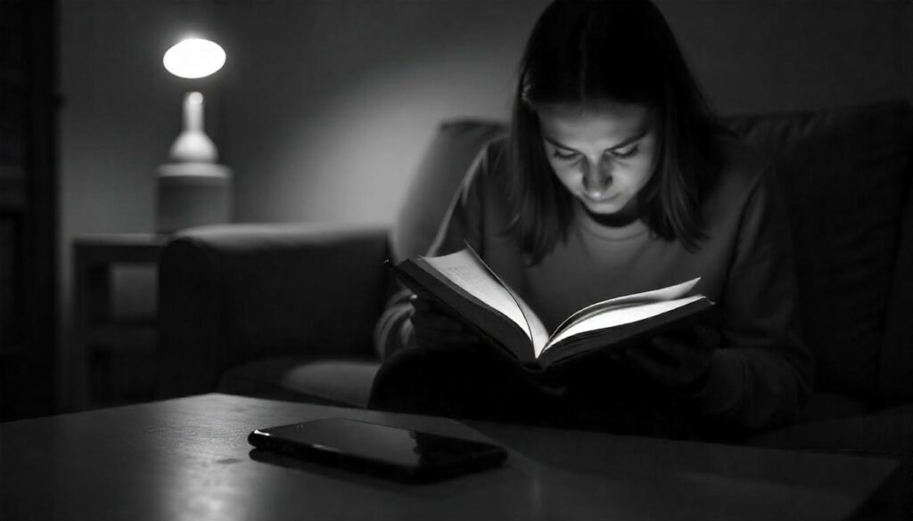 A cozy evening scene with a person reading a book on a couch while a phone is lying face on the table