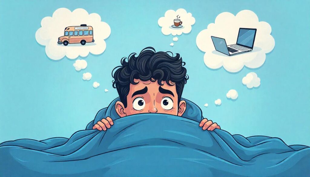 anxiety-A funny meme-style illustration of a person hiding under a blanket with thought bubbles showing catastrophic scenarios