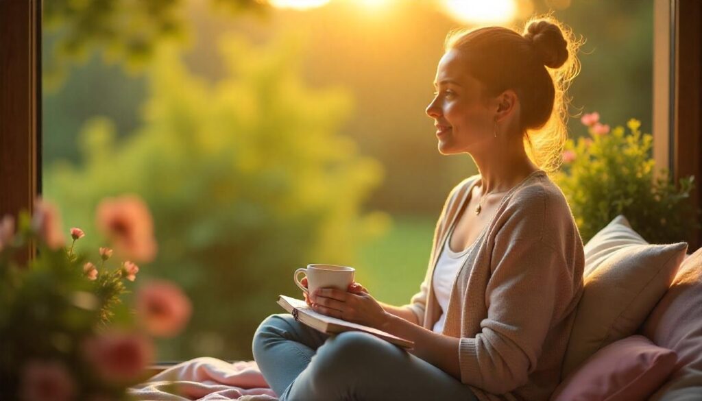mental health update- a girl practicing a mental health habit in a cozy, natural setting, such as a sunlit park or a home balcony with greenery