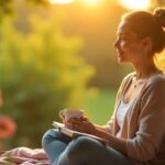 mental health update- a girl practicing a mental health habit in a cozy, natural setting, such as a sunlit park or a home balcony with greenery